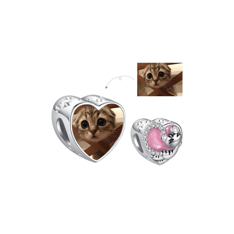 Charm mi mascota gato corazón esmalte rosa y foto
