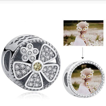 Charm con foto flor brillantes redondo plata regalo