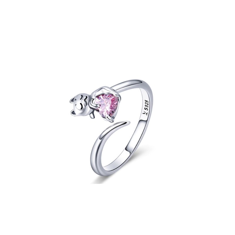 Gatito y brillante corazón rosa anillo plata mujer