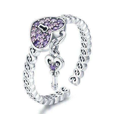 Anillo corazón y llave violeta plata ajustable