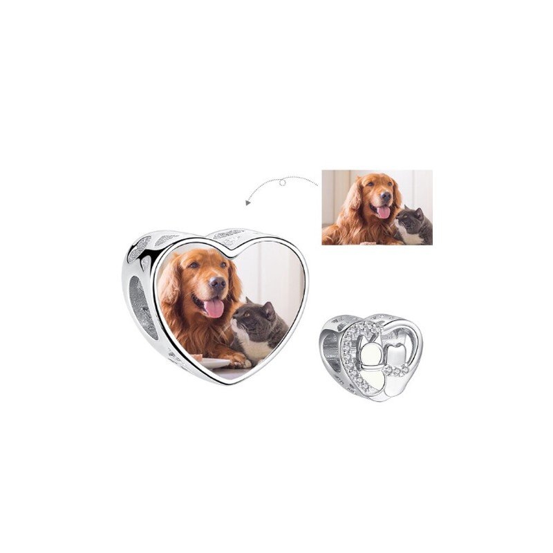 Mascotas perro y gato charm plata corazón personalizado con tu foto