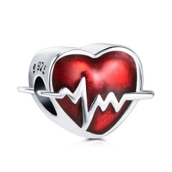 Charm corazón cardiograma esmaltado rojo plata