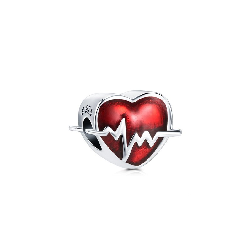 Charm corazón cardiograma esmaltado rojo plata