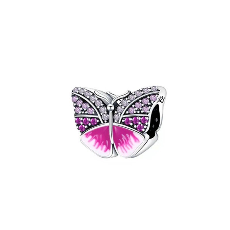 Charm plata mariposa rosa esmaltada y brillantes