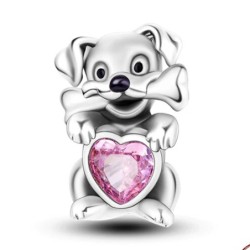 Charm perro hueso con circonita corazón plata de ley