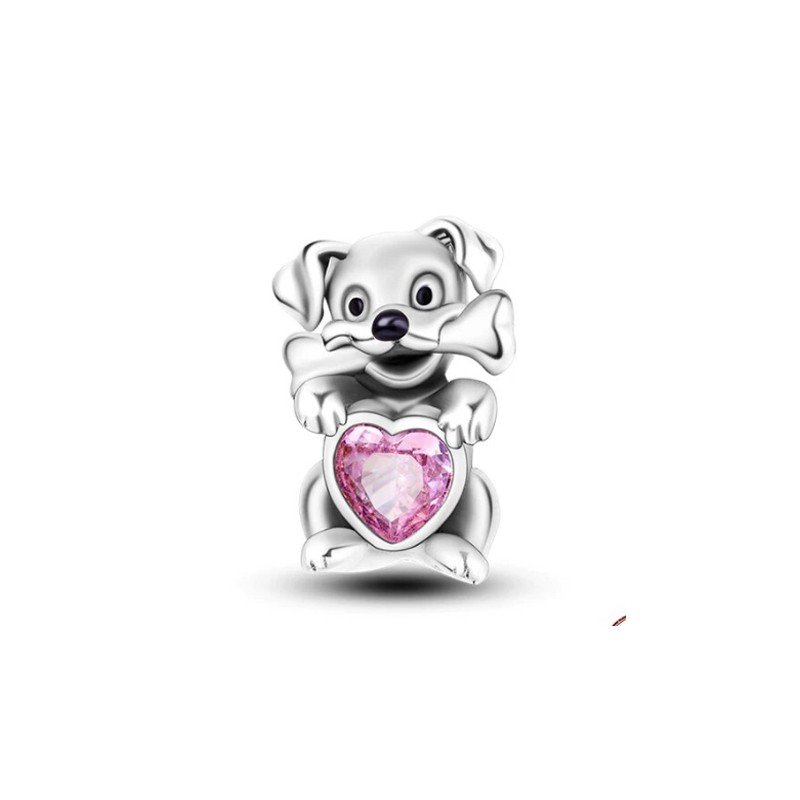 Charm perro hueso con circonita corazón plata de ley