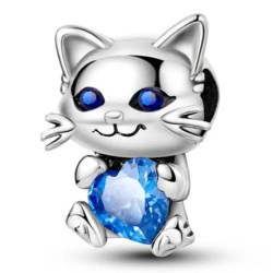 Charm gato ojos azules plata circonita corazón