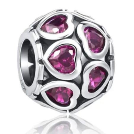 Bola corazones fucsia charm plata de ley amor