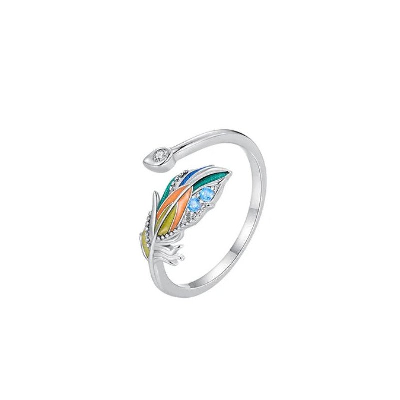 Anillo pluma pavo real plata S925 ajustable mujer regalo