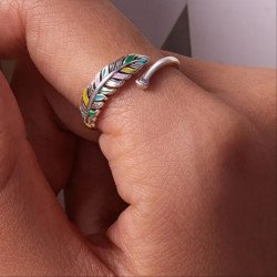 Anillo pluma esmaltada multicolor plata regalo ajustable