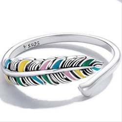 Anillo pluma esmaltada multicolor plata regalo ajustable