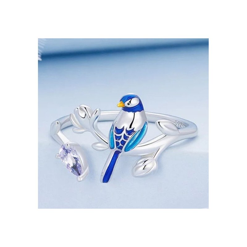 Anillo de pájaro azul naturaleza plata de ley ajustable mujer