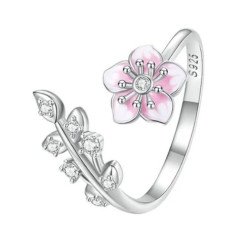 Anillo floral rosado plata de ley circonitas mujer ajustable