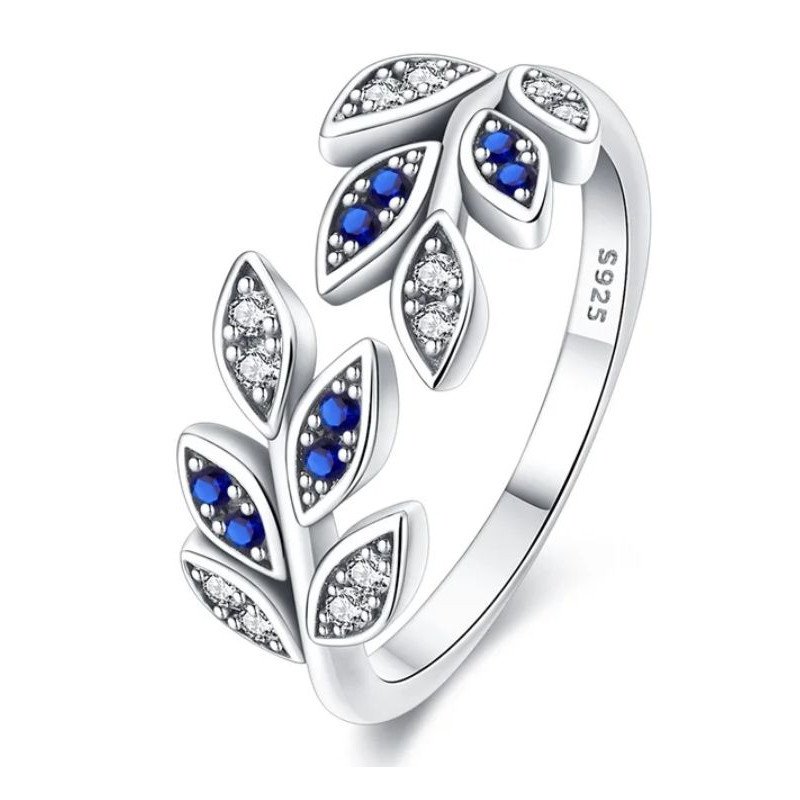 Anillo hojas circonitas azules y blancas plata mujer ajustable