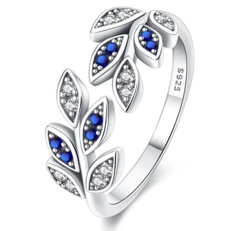 Anillo hojas circonitas azules y blancas plata mujer ajustable