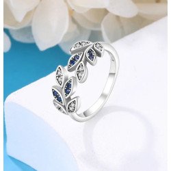 Anillo hojas circonitas azules y blancas plata mujer ajustable