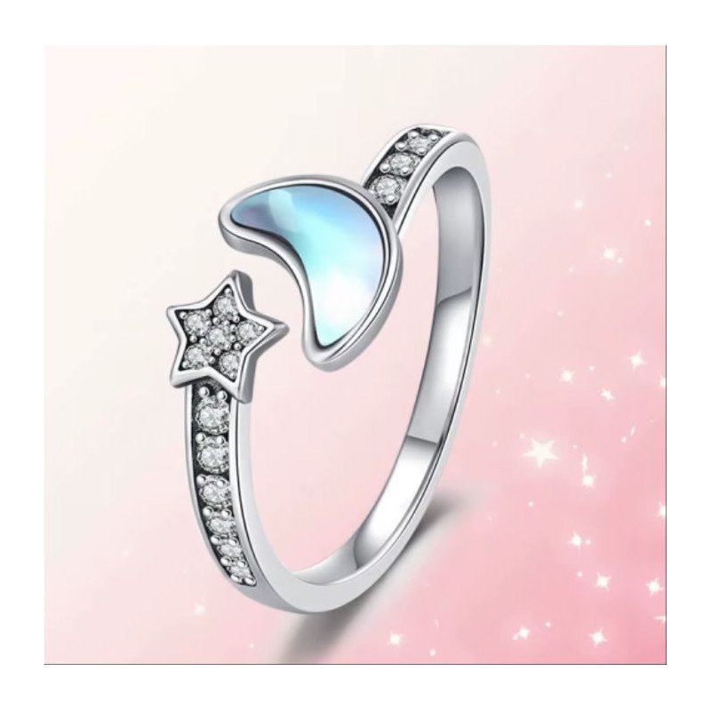 Anillo ajustable luna y estrella circonitas plata de ley